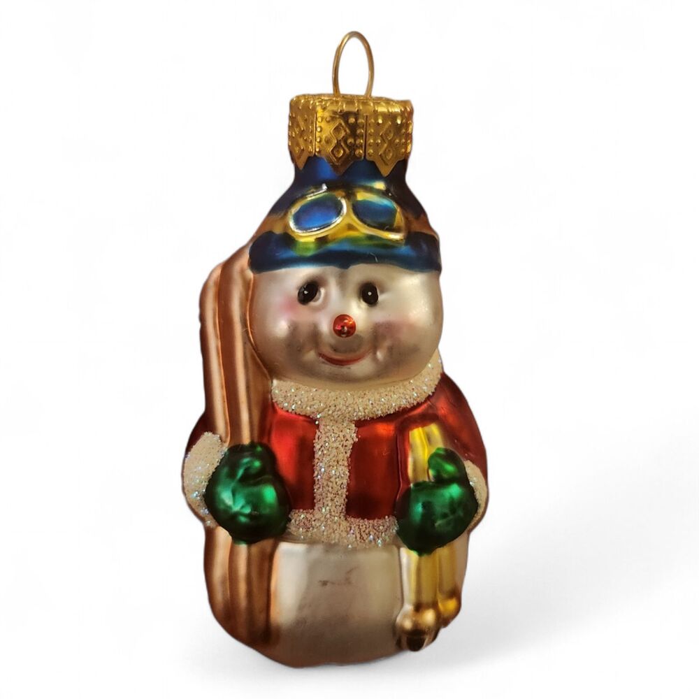 Vintage Glass Snowman Skier Christmas Ornament Goggles Skis